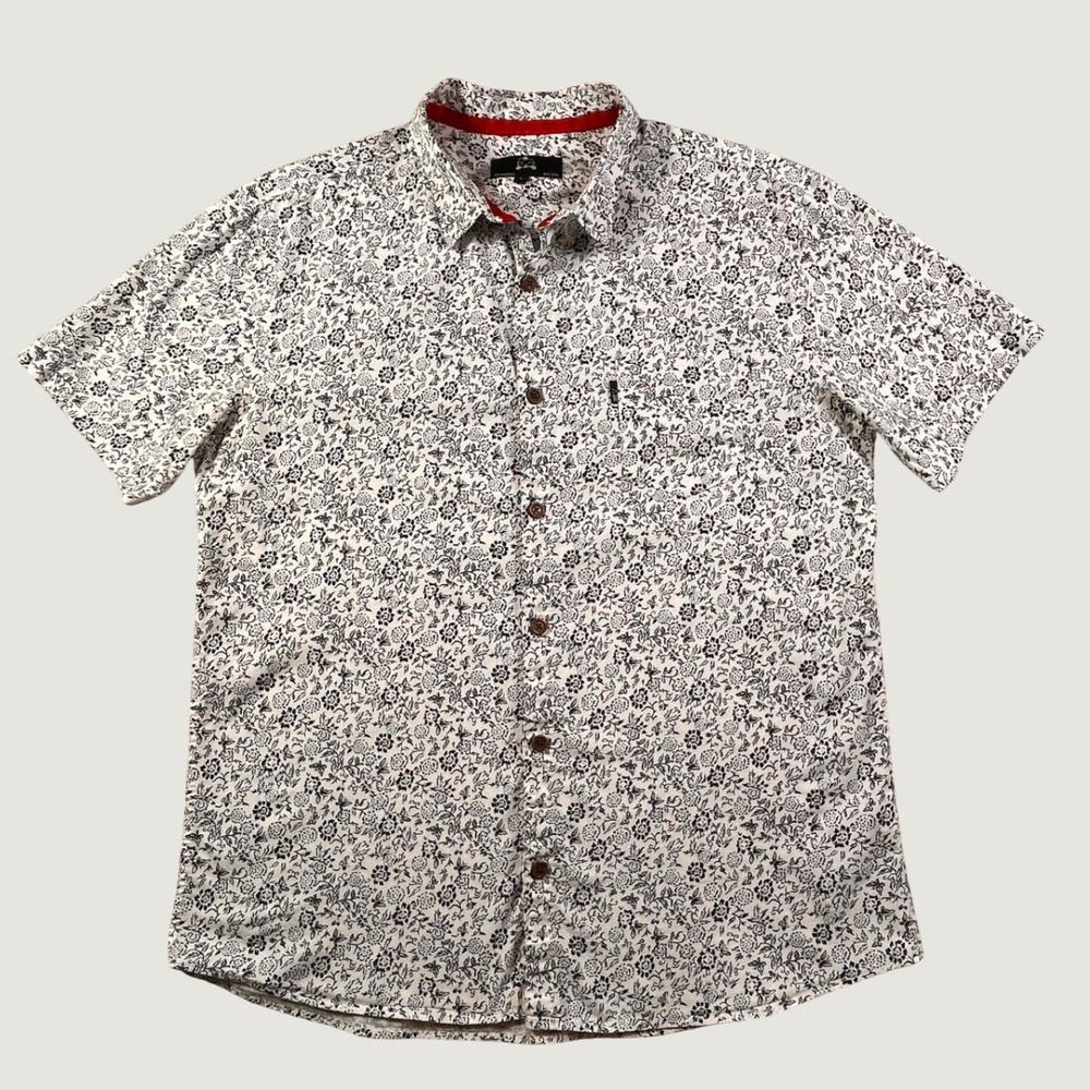 Men's Large White Floral Button Up Shirt Short Sleeve Cotton Casual Summer